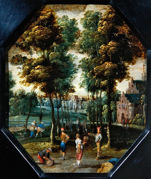 En Kermesse-scene i en landsby nær en elv (olje på kobber, åttekantet) av Flemish School
