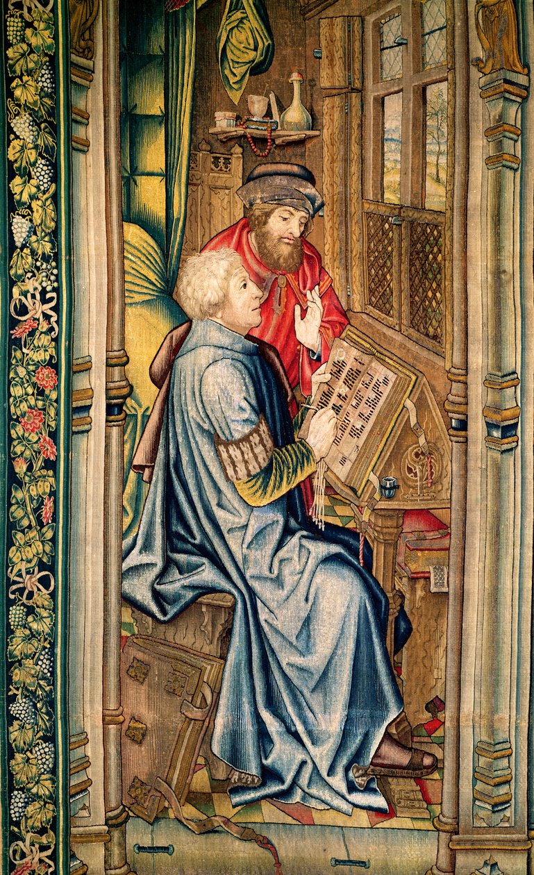En skribent som skriver en beretning, detalj fra The Transportation of the Covenant Ark, fra Davids og Batsebas billedvev, ca. 1510-15 av Flemish School