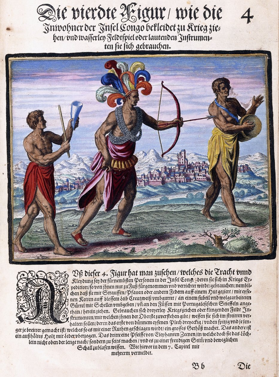 En side fra boken "Small Voyages, på tysk, del I: Pigafetta"s Kongo", 1597 av Flemish School