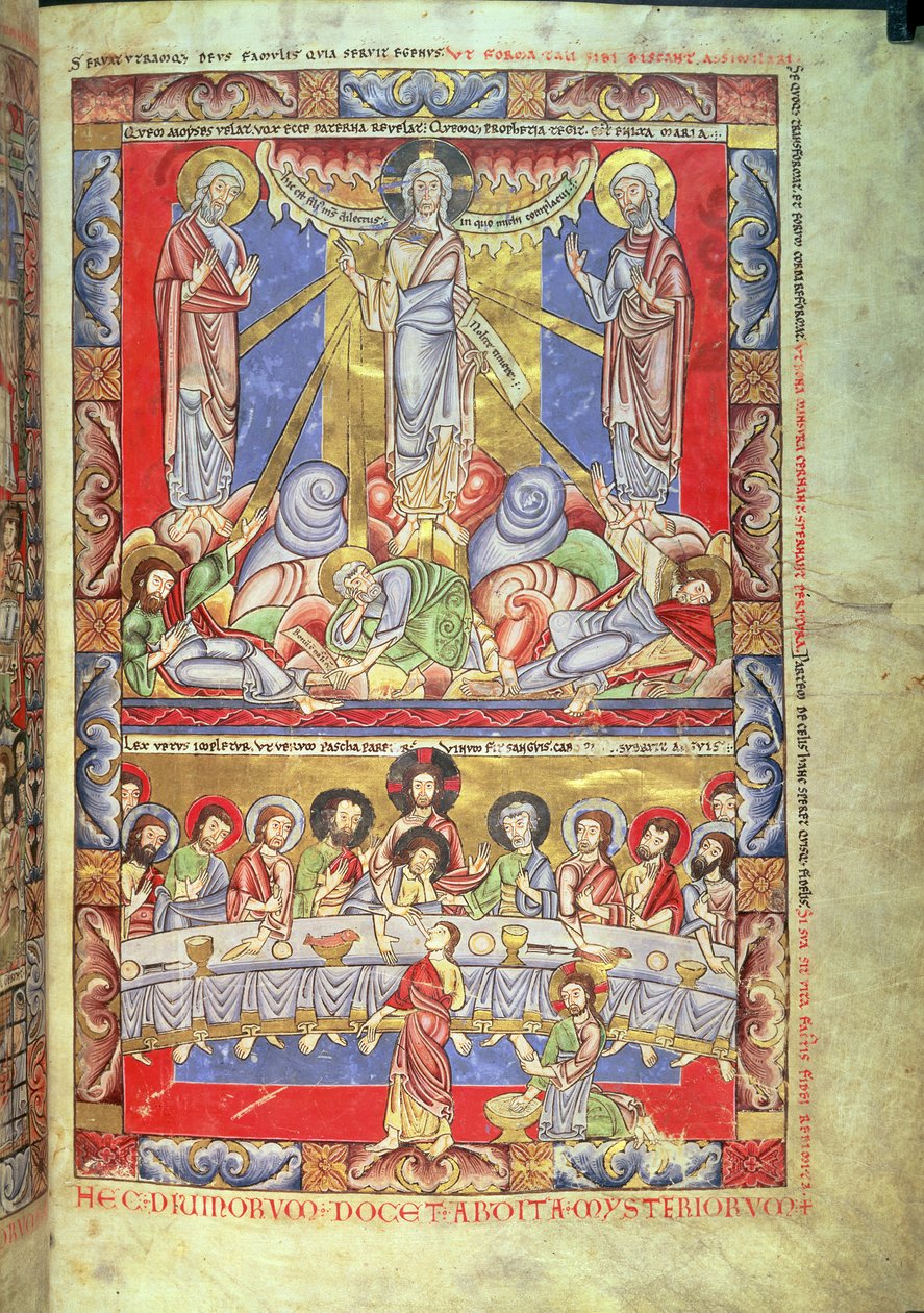Legg til 17738 Vol II f.4 Transfiguration, the Last Supper, fra Floreffe Bible, c.1156 (vellum) av Flemish School
