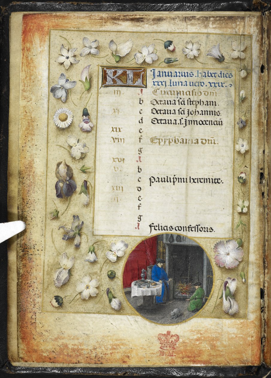 Legg til MS 38126 f.1v-kalenderside for januar, med en rund miniatyr av to menn som varmer seg før en brann, fra en 