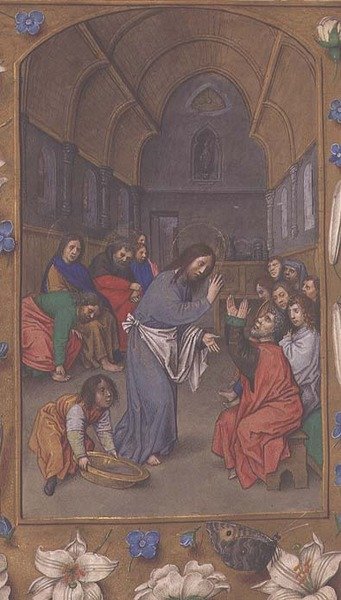 Ytterligere 54782, f.265v: Kristus vasker disiplenes føtter, fra Hastings Hours, ca. 1475-83 (vellum) av Flemish School
