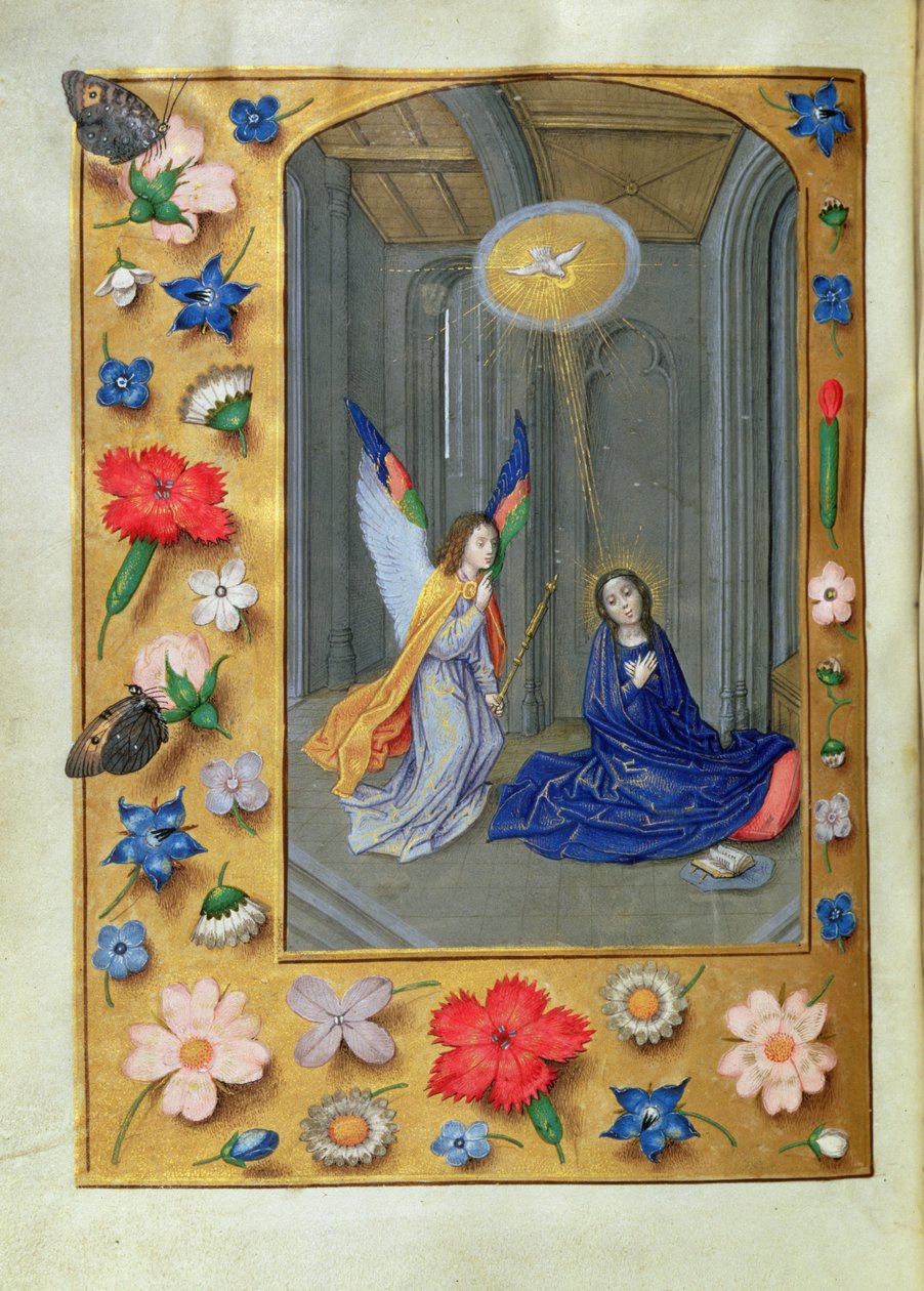 Tillegg 54782, f.73v: Annunciation, from the Hastings Hours, c.1475-83 (vellum) av Flemish School