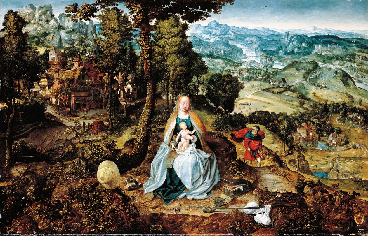 Et omfattende landskap med The Rest on the Flight to Egypt, Antwerpen skole, ca. 1520 av Flemish School