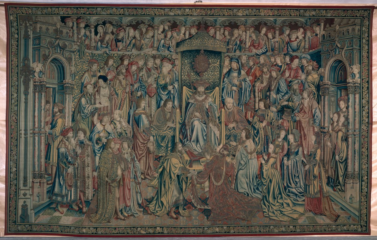Bathsheba ønsket velkommen ved hoffet, tapestry of David and Bathsheba, ca. 1510-15 av Flemish School