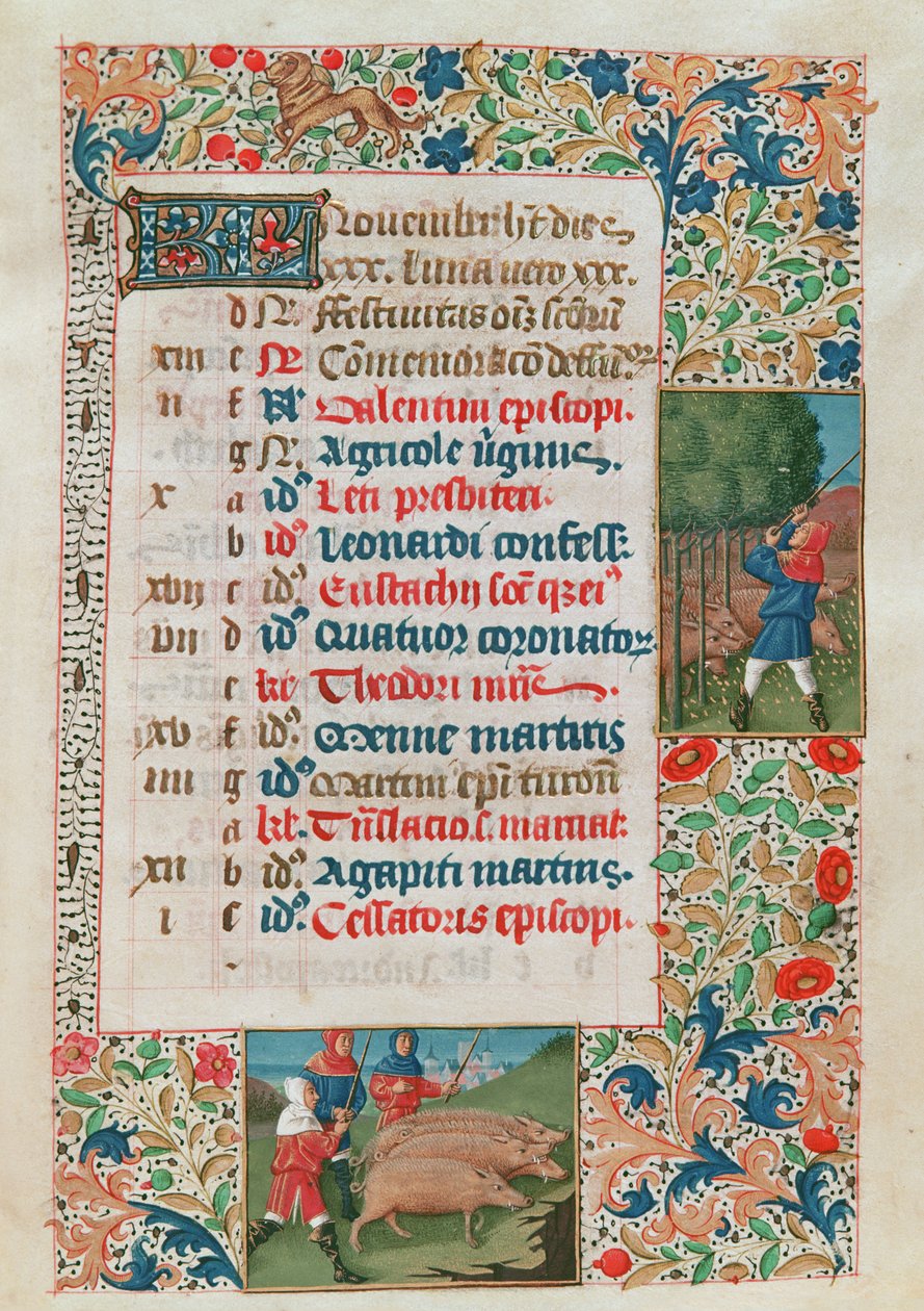 Kalender som viser november, eikenøtter og griseflokker av Flemish School