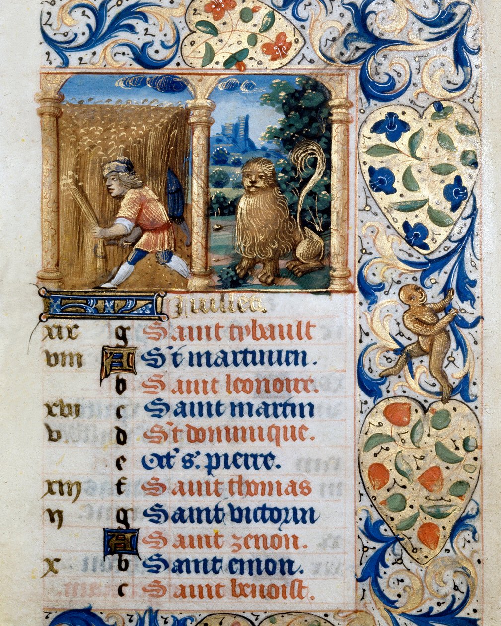 Kalender, juli måned, en bonde i en hveteåker og løvens tegn. Side hentet fra en timebok ms. 47, opplyst av den flamske skolen. Badia de 