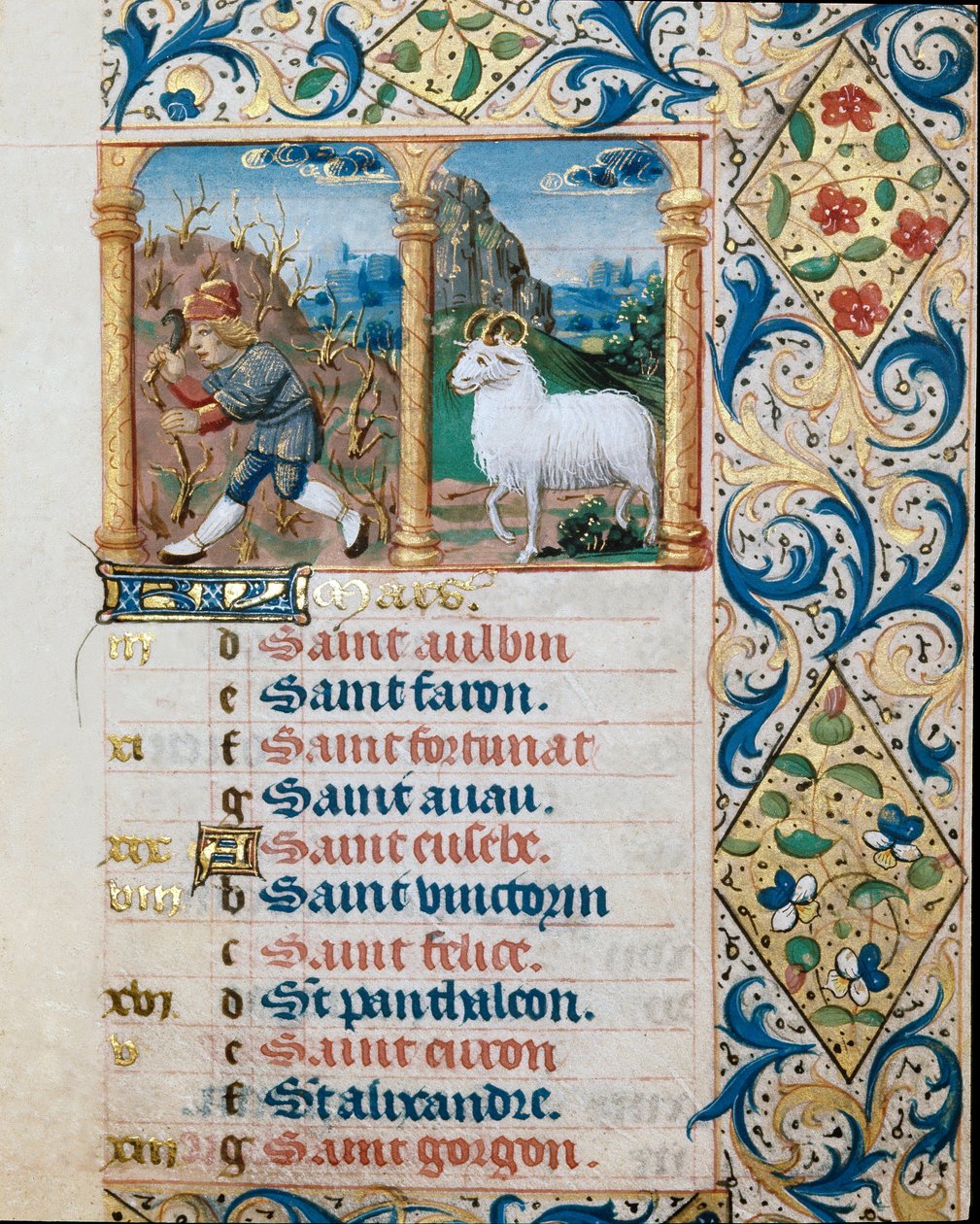 Kalender, mars måned, en sående bonde og belier. Side hentet fra en timebok ms. 47, opplyst av den flamske skolen. Badia di 