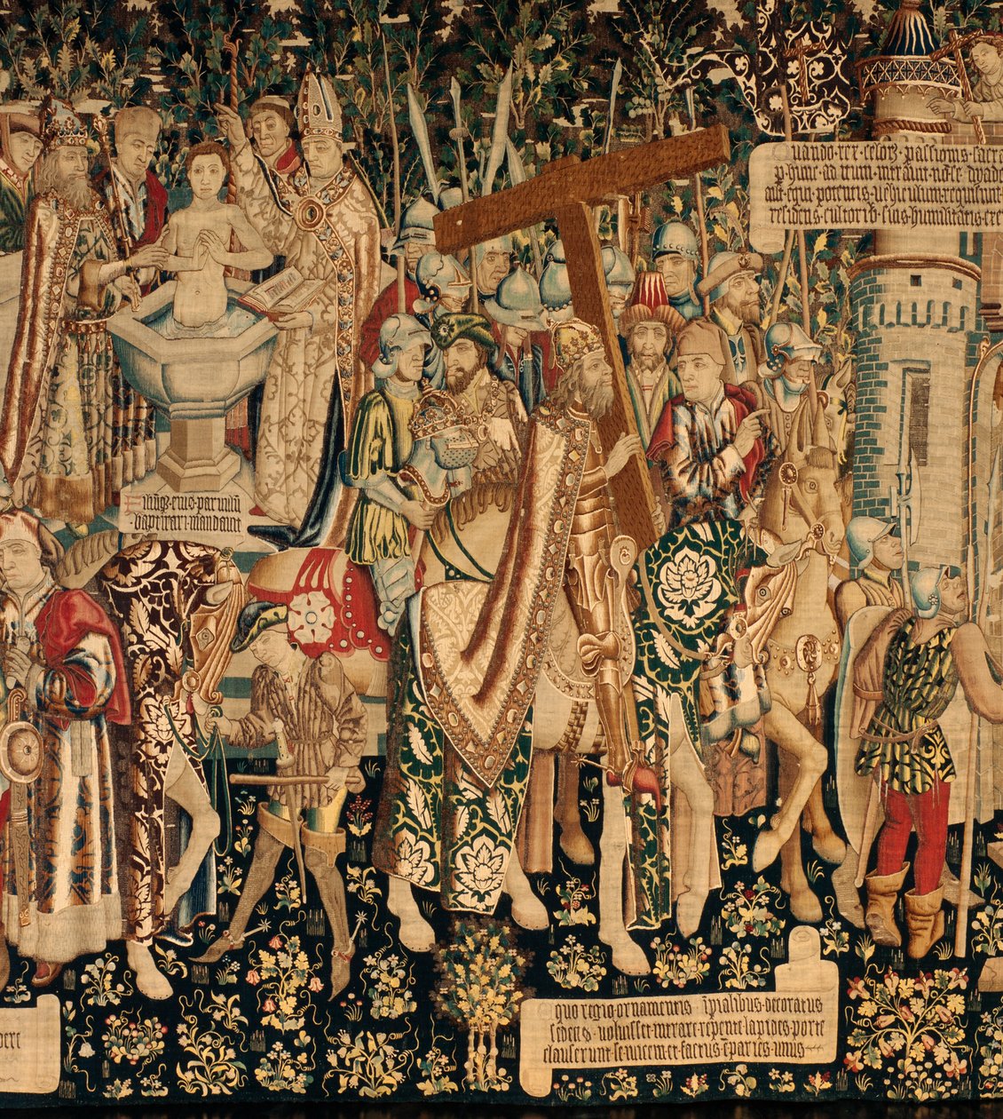 Katedralen (The Seo. Ca tedraal of the Savior of Zaragoza). Tapetmuseet. flamsk billedvev. Legenden om det hellige kors (Legenden om det hellige kors, om legenden om det hellige kors). Detalj. Ca. 1450. 430x1120cm. av Flemish School