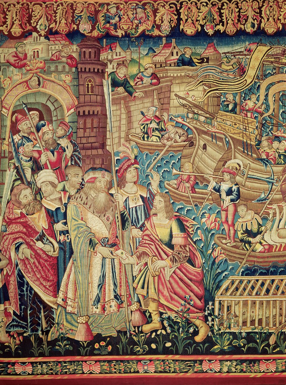 Sentral detalj av ankomsten til Vasco da Gama i Calicut (teppe) av Flemish School