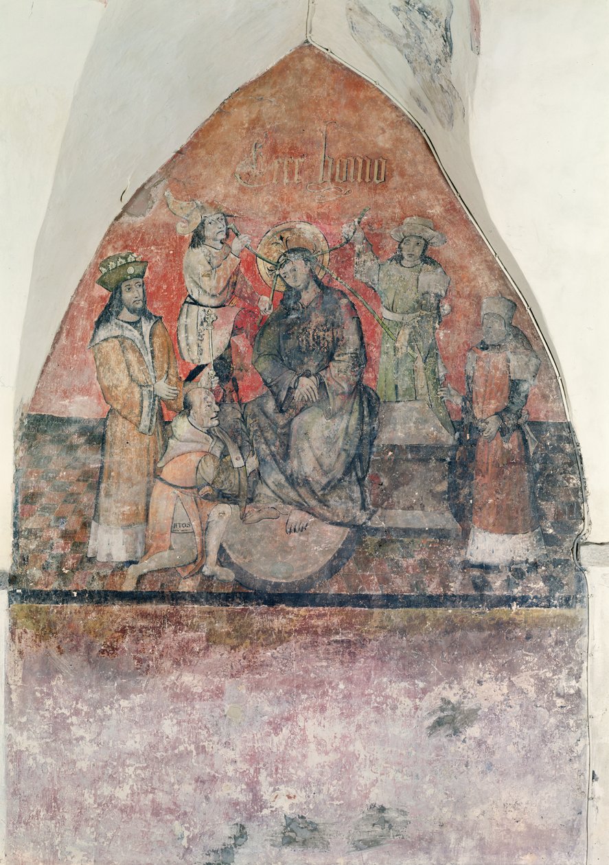 Kristus blir kronet med tornekronen, veggmaleri i krypten, ca. 1480-1540 av Flemish School