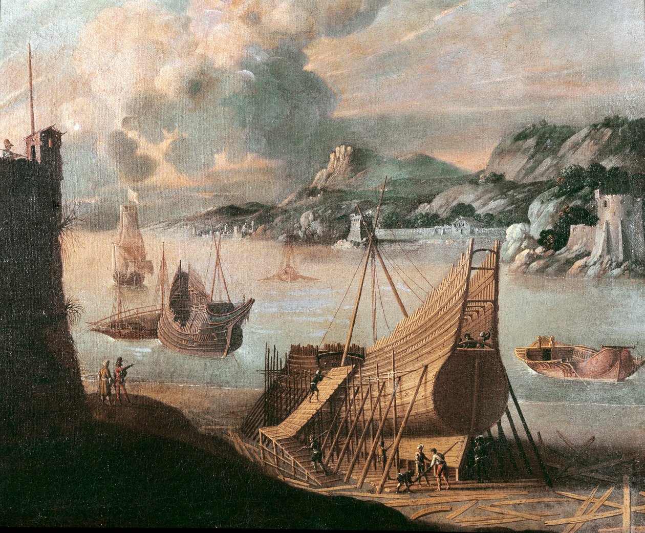Bygging av en gallion i et genovesisk verft (maleri av Flemish School