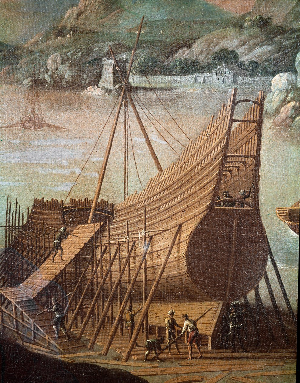 Bygging av en gallion i et verft i Genova (Detalj. Maleri av Flemish School