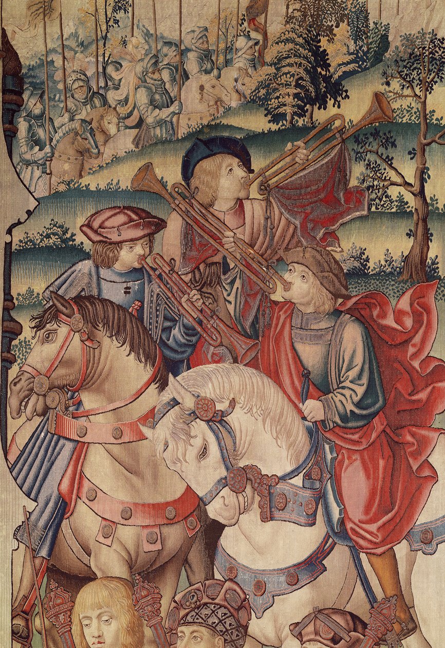 Detalj av trompetister til hest, fra Davids og Batsebas billedvev, 1510-15 av Flemish School