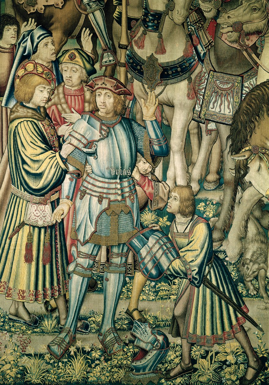 Detalj av hetitten Uria som var bevæpnet fra Assembling the Riders, fra teppet til David og Batseba, ca. 1510-15 (se også 98092) av Flemish School
