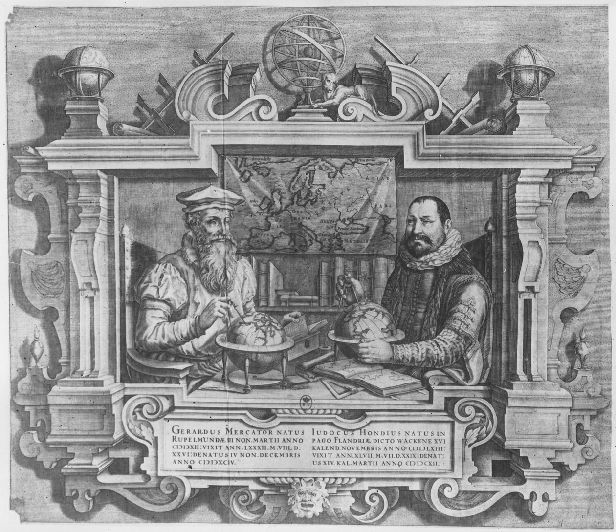 Dobbeltportrett av Gerard Mercator (1512-94) og Jodocus Hondius (1563-1612) gravert for inkludering i Mercator og Hondius-seriene av atlas, 1619 (se også 10457 og 30866 av Flemish School
