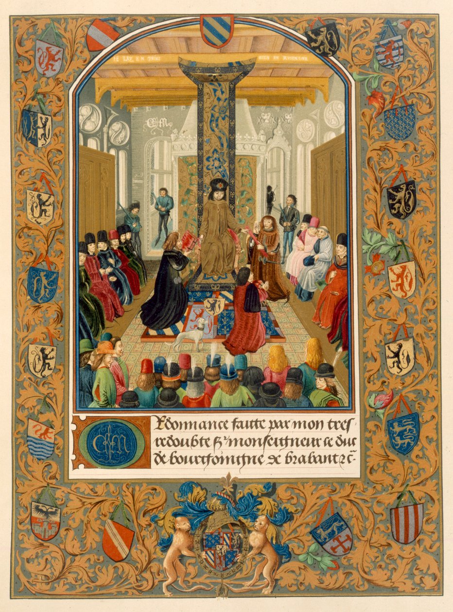 Hertug Charles le Temeraire midt i hoffet sitt med ridderne av ordenen av det gylne skinn, 1473 av Flemish School