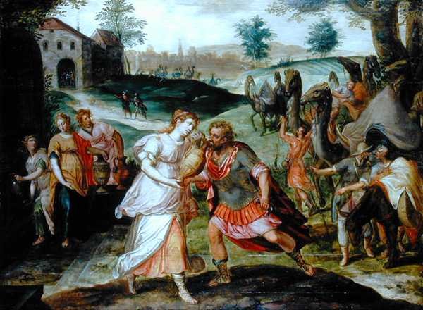 Eliezer og Rebecca ved brønnen, ca. 1580 (olje på panel) av Flemish School