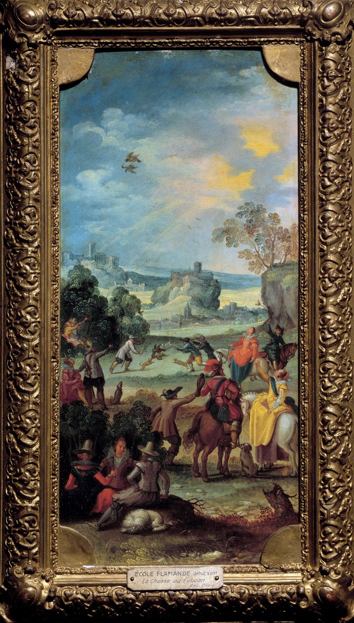 Falkejakt Scenejakt og hvile i marka. Maleri av den flamske skole. Begynnelsen av 1600-tallet. Dijon, Museum of Fine Arts av Flemish School
