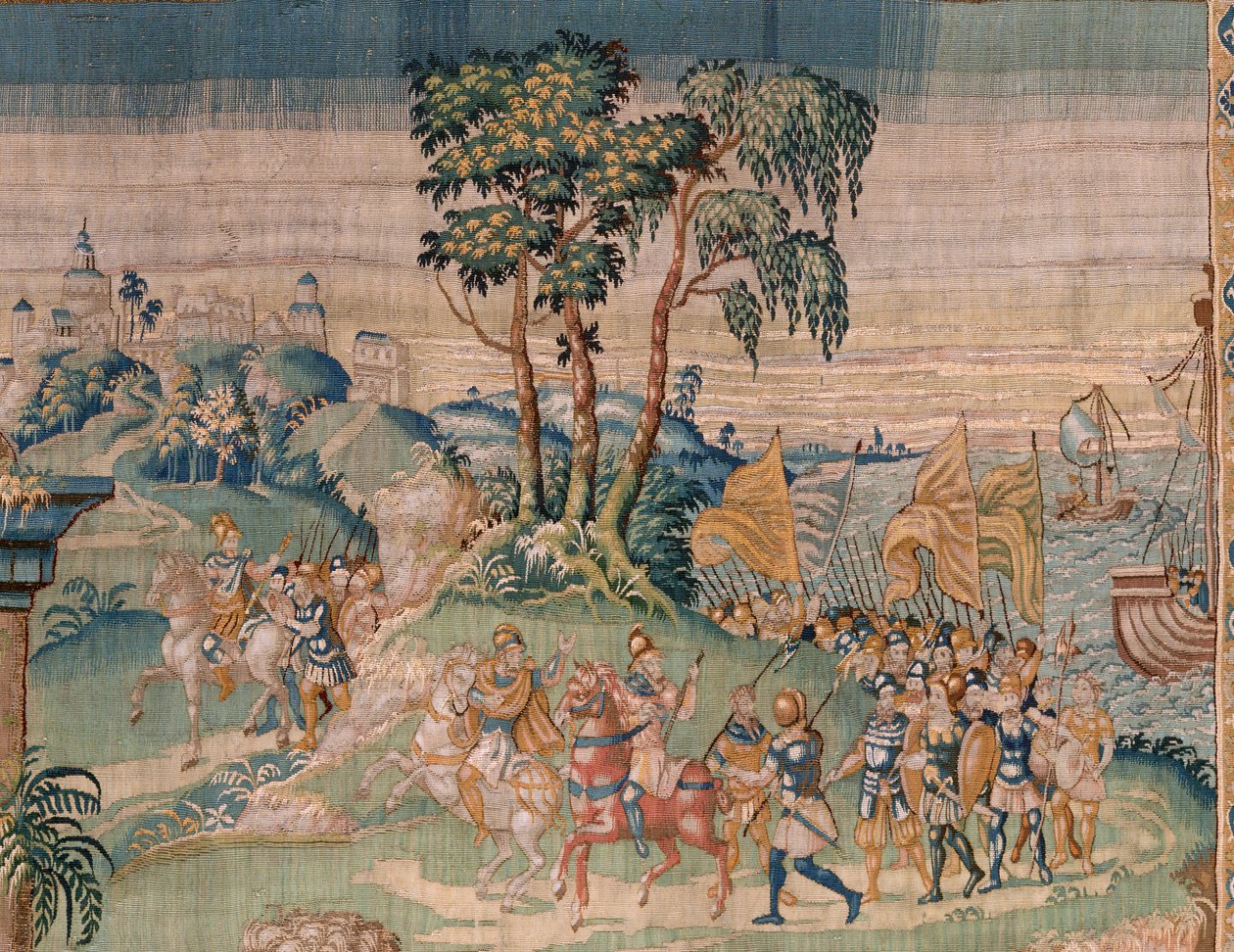 flamsk billedvev. Alexander blir tilbudt en krone (Alexander tilbys en krone). Atelier i Oudenaarde. 384x316 cm. Inv (83024)-5 / 00009. 1600-tallet. av Flemish School