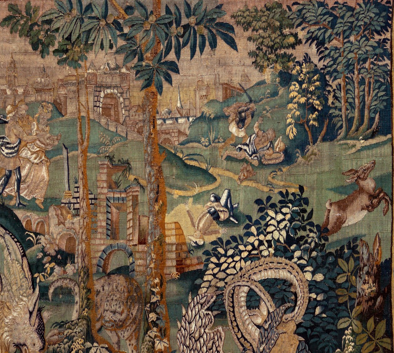 flamsk billedvev. Landskap med pergola og store beist, med 2 søyler. Atelier i Oudenaarde. 319x508 cm. Inv 0023. 1600-tallet. av Flemish School