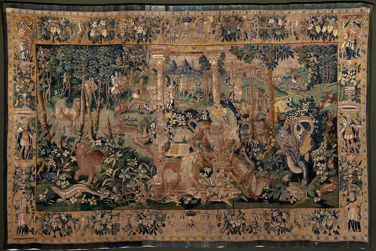 Flemish tapestry. Landscape with pergola and big beasts, with 2 columns (Landschap met pergola in ruïne en grote beesten, met 4 zuilen). Atelier of Oudenaarde. 319x508cm. Inv 0023. 17th century.   1326298   no       norwegian Successfully Translated  Origi av Flemish School