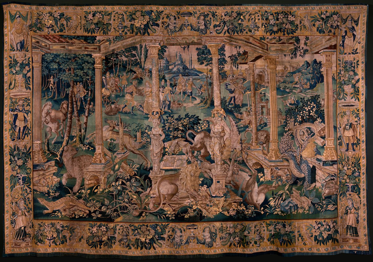 flamsk billedvev. Landskap med pergola og store dyr. Versjon med omfattende pergola. Studio i Oudenaarde. 340x498 cm. Inv 00023. 1600-tallet. av Flemish School