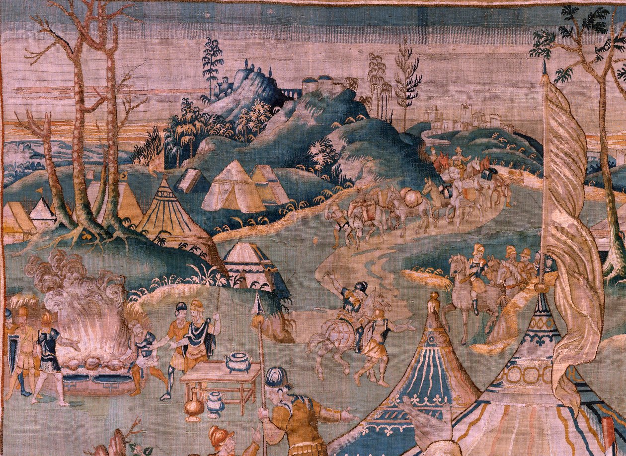 flamsk billedvev. Militærleir nær elven Granikos. Atelier i Oudenaarde. 377x393 cm. Inv 83104-9 /00011. 17. århundre. av Flemish School