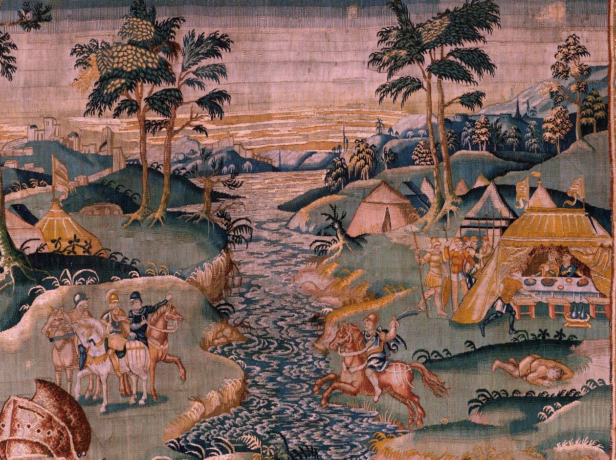flamsk billedvev. Militærleir nær elven Granikos. Atelier i Oudenaarde. 377x393 cm. Inv 83104-9 /00011. 17. århundre. av Flemish School