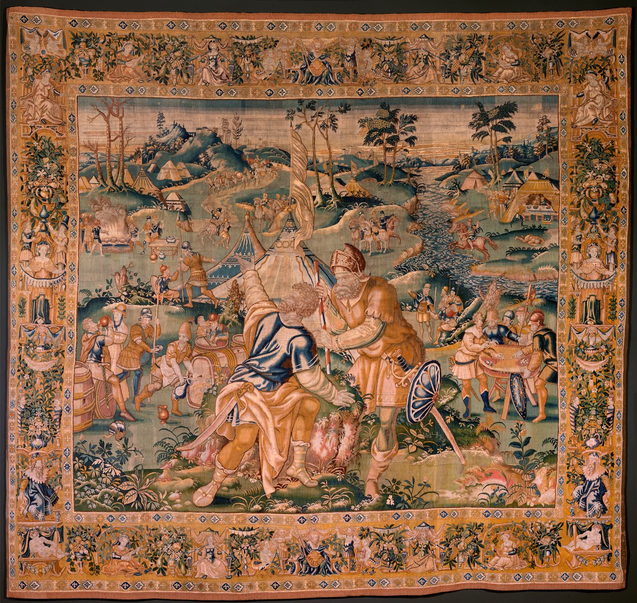 flamsk billedvev. Militærleir nær elven Granikos. Atelier i Oudenaarde. 377x393 cm. Inv 83104-9 /00011. 17. århundre. av Flemish School