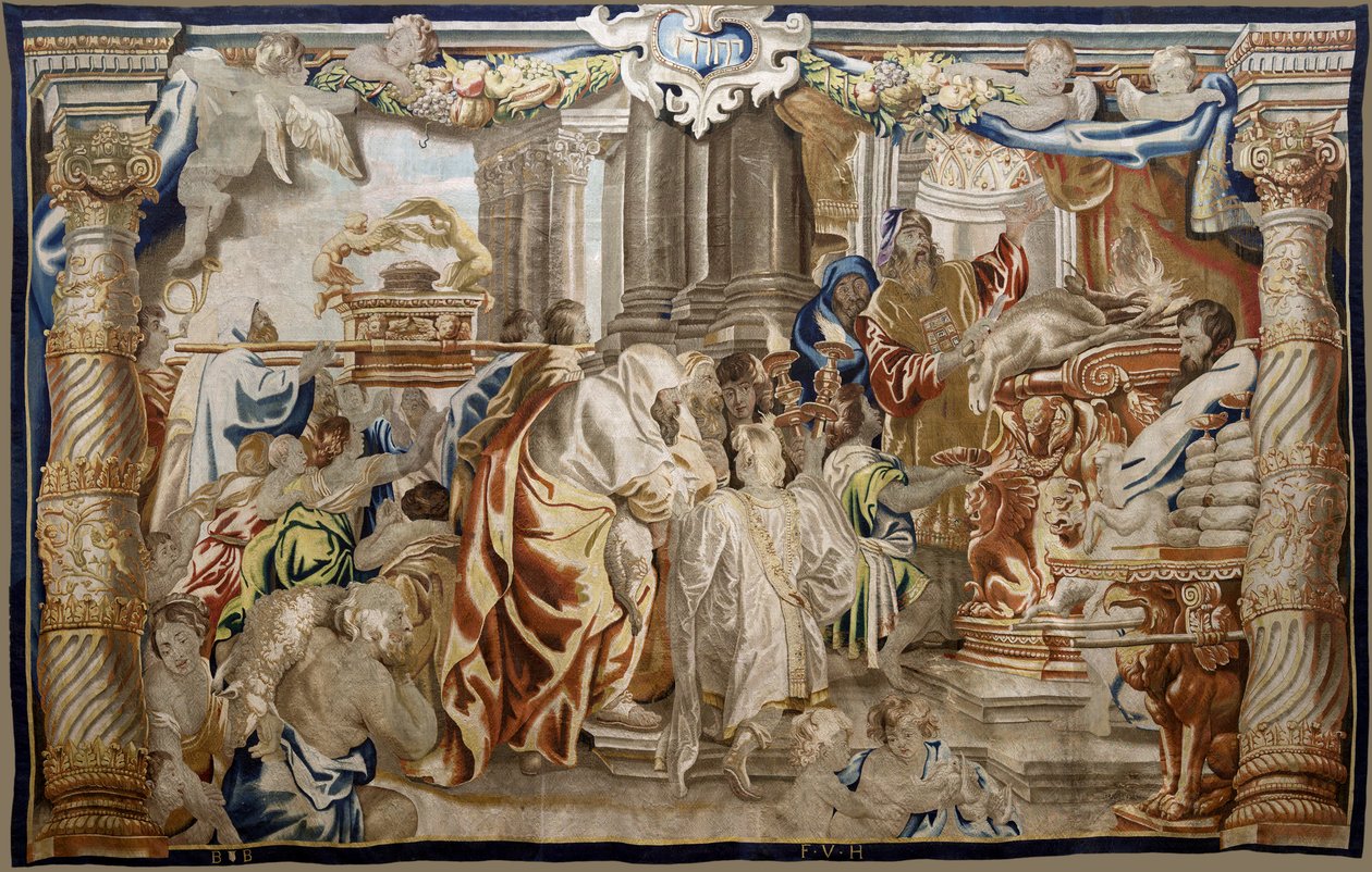 flamsk billedvev. Serien eukaristiens apoteose. Offer av mosaisk lov (Sacrificio de la Ley Mosaica). Model Cartoon kopiert fra en original av Rubens. Brussel produksjon. Produsert av Frans van den Hecke. Midten av 1600-tallet. Stoff Silke og ull, av Flemish School