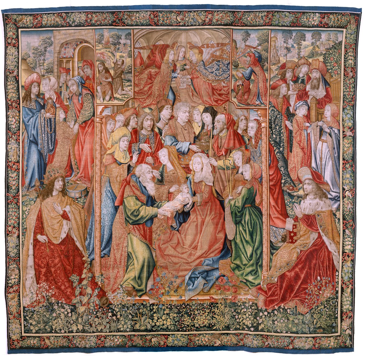 flamsk billedvev. Serie Episoder fra Jomfruens liv; Presentasjon ved tempelet (Presentación en el Templo). Andre billedvev i serien. Modeller tilskrevet Jan van Roome (eller van Brussel). Produksjon Pieter van Aelst, Brussel. Ca 1502-1504. av Flemish School