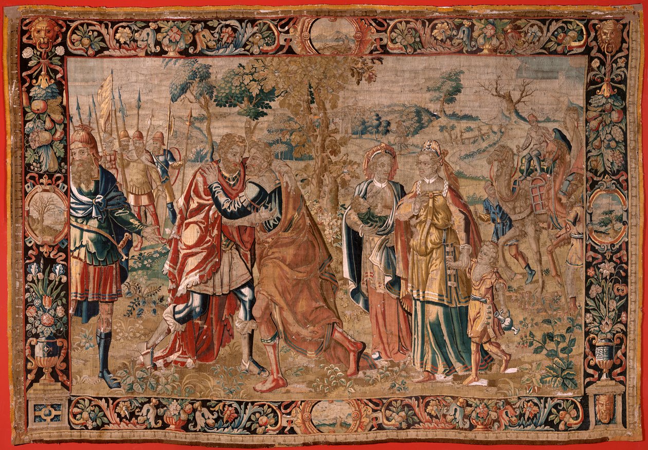 flamsk billedvev. Serien Esau og . Møte mellom Jakob og Esau (Encuentro entre Jacob y Esaú). Tredje billedvev i serien. Produksjon Nederland, andre halvdel av 1500-tallet. Stoff Ull. Plassering Church of Saint Nicholas of Bari (museet åpnet av Flemish School
