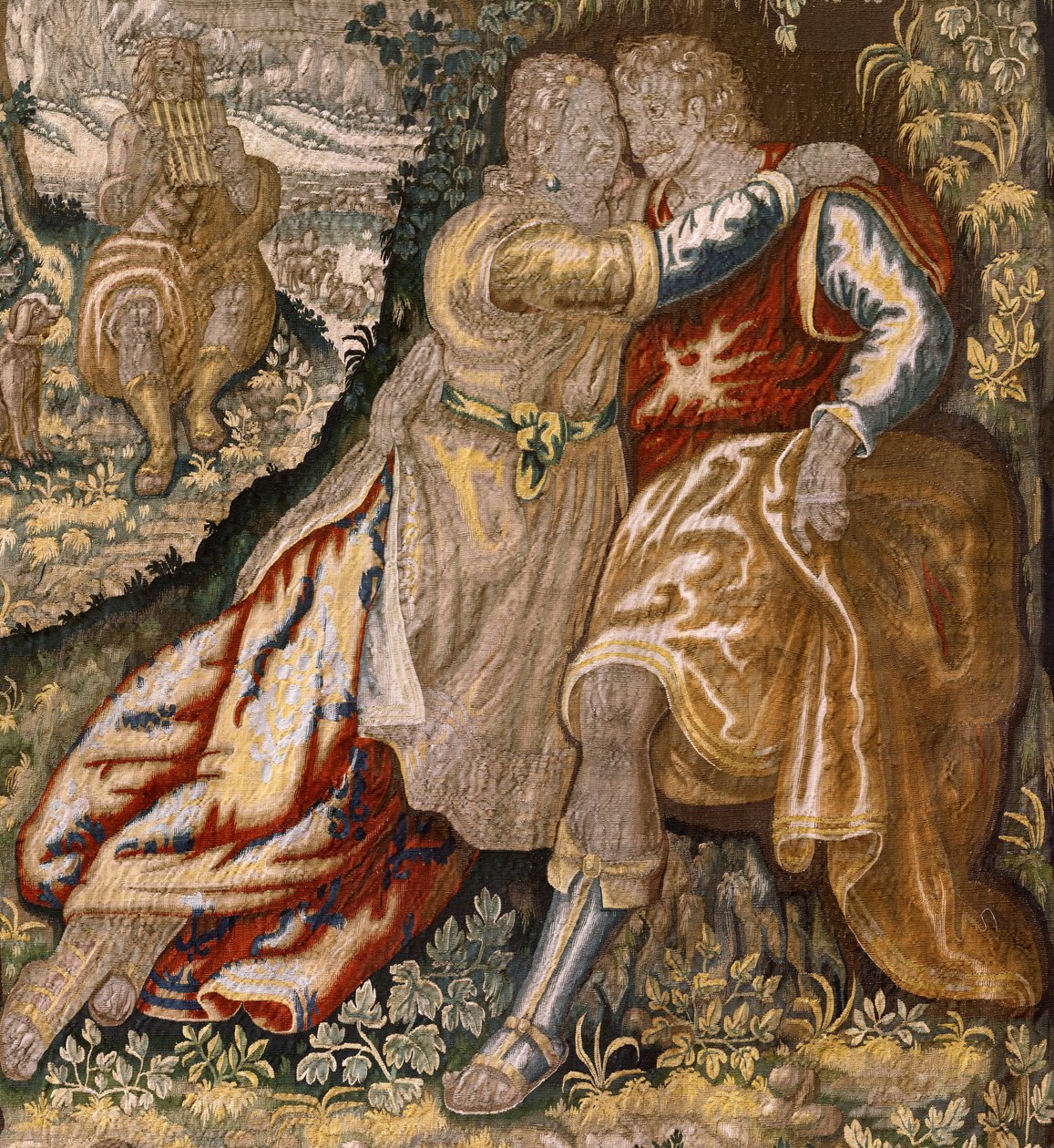 flamsk billedvev. Serie Gallantry (Galante). Par med musiker (Pareja con músico). Produserer Brussel, tidlig på 1600-tallet. Stoff Silke og ull, 5/6 varp pr cm. Størrelse 348 x 263 cm. Plassering San Millán de la Cogolla kirke, Oncala (Soria). Opprinnelse av Flemish School