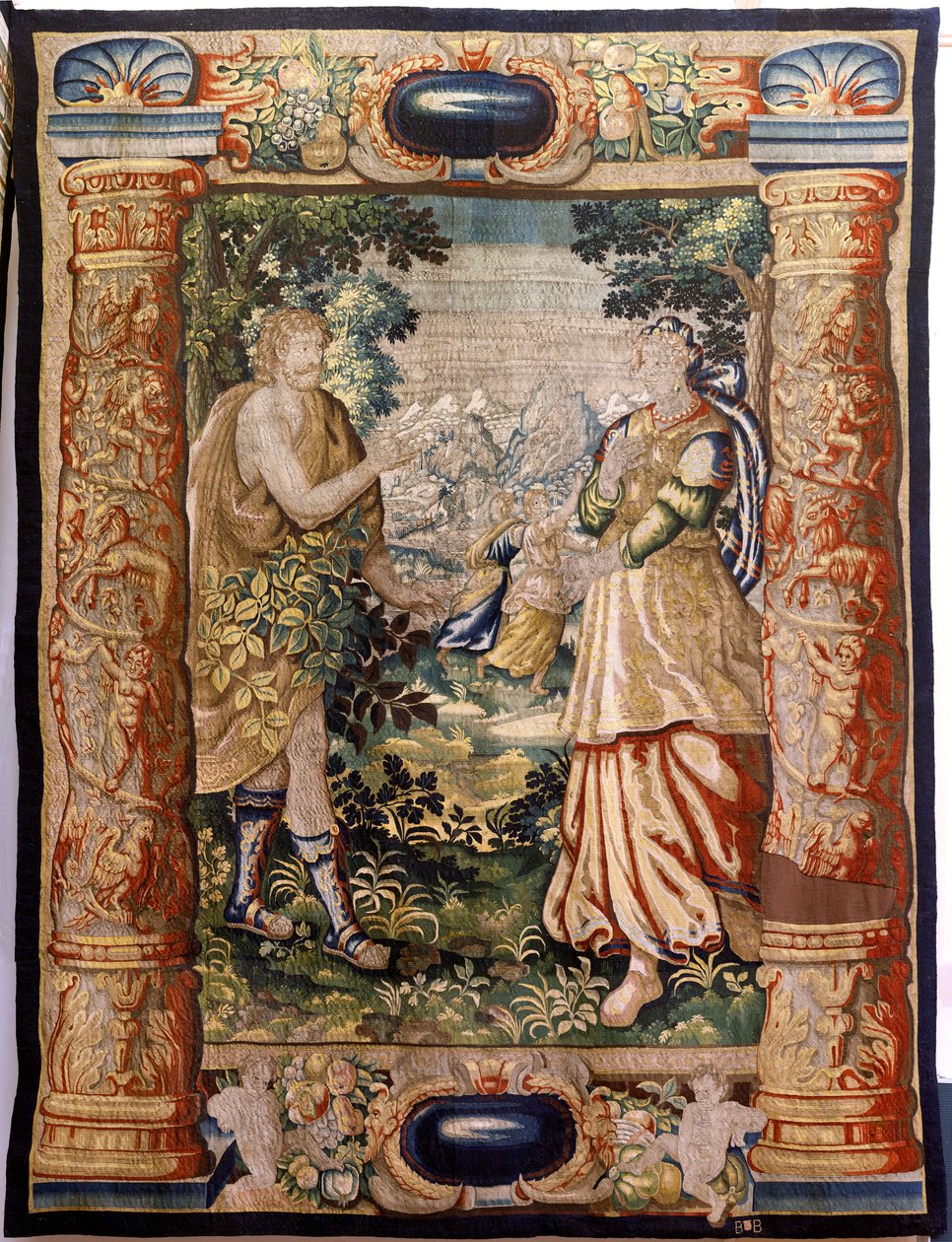 flamsk billedvev. Serie Gallantry (Galante). Galant scene (Escena galante). Produserer Brussel, tidlig på 1600-tallet. Stoff Silke og ull, 5/6 varp pr cm. Størrelse 348 x 263 cm. Plassering San Millán de la Cogolla kirke, Oncala (Soria). Opprinnelse En don av Flemish School