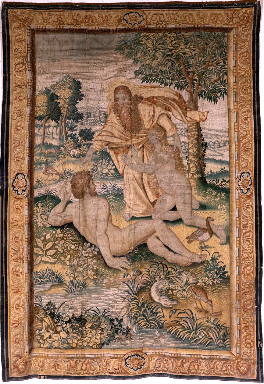 flamsk billedvev. Serien Genesis eller The Creation Man. Gud skaper kvinnen og introduserer henne for Adam (Dios crea a la mujer y la presenta a Adán). Modell basert på Michiel Coxcie. Produserer Jan Aerst i Brussel. Ca 1630. Stoff Silke og ull. av Flemish School