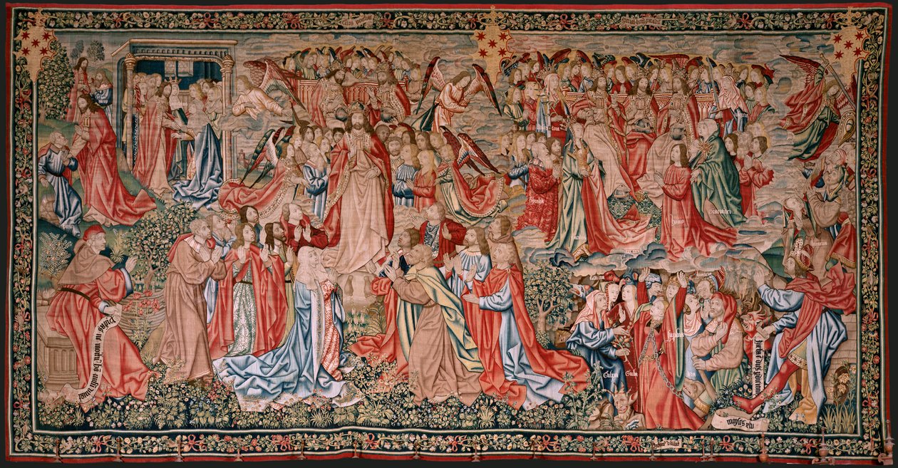 flamsk billedvev. Serien Menneskelig forløsning eller laster og dyder. Kristus stiger opp til himmelen og mennesket blir forløst for Gud (Cristo asciende al Cielo y el Hombre se redime ante Dios). Niende billedvev i serien (fjerde av de som holdes i Palenc av Flemish School