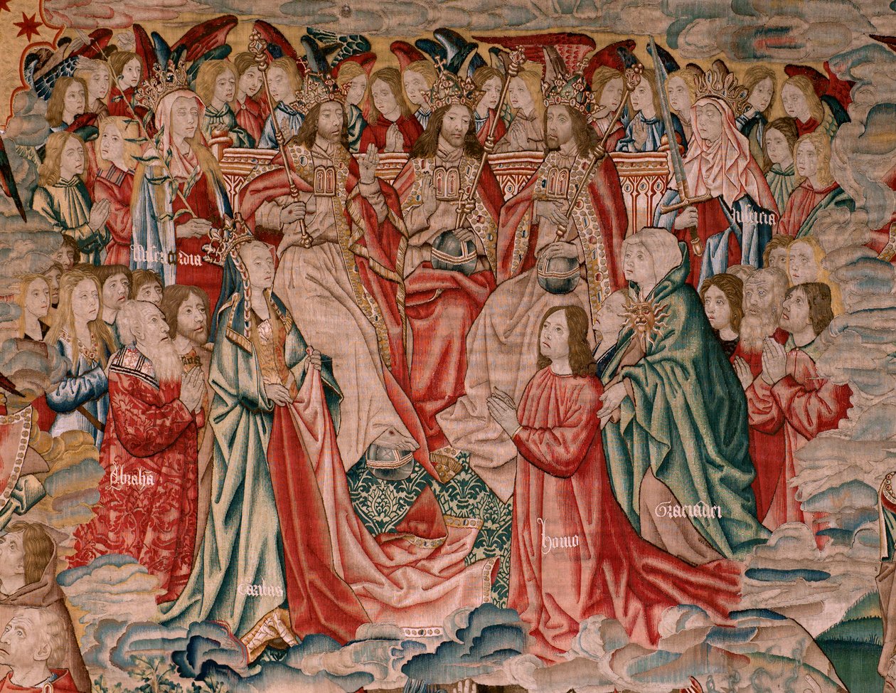 flamsk billedvev. Serien Menneskelig forløsning eller laster og dyder. Kristus stiger opp til himmelen og mennesket blir forløst for Gud (Cristo asciende al Cielo y el Hombre se redime ante Dios). Niende billedvev i serien (fjerde av de som holdes i Palenc av Flemish School