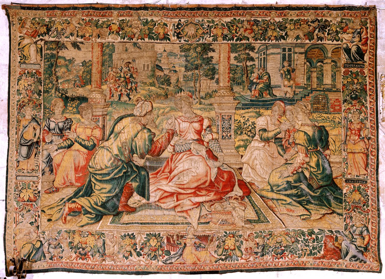 flamsk billedvev. Serien Mark Anthony og Cleopatra. Cleopatra og hennes hoff (Cleopatra en su corte). Model Cartoon tilskrevet Pieter Coecke van Aelst. Produksjon Brussel(?). Andre halvdel av 1500-tallet. Stoff Silke og ull. Størrelse 310 x 435 cm. Opprinn av Flemish School