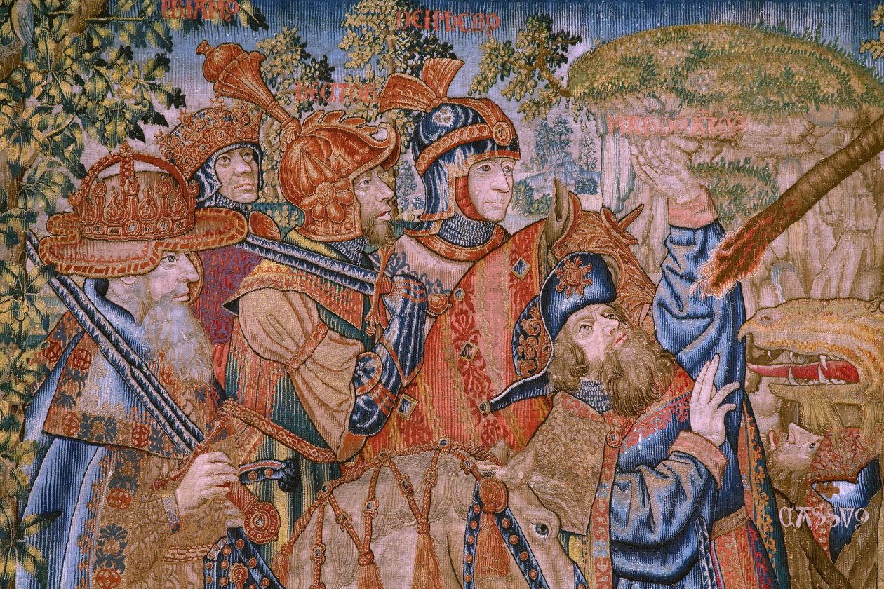 flamsk billedvev. Series Moralities: The Virtue of the honors (De deugd van de Honores, The Virtue of honours). Ca 1520. Detalj av Flemish School