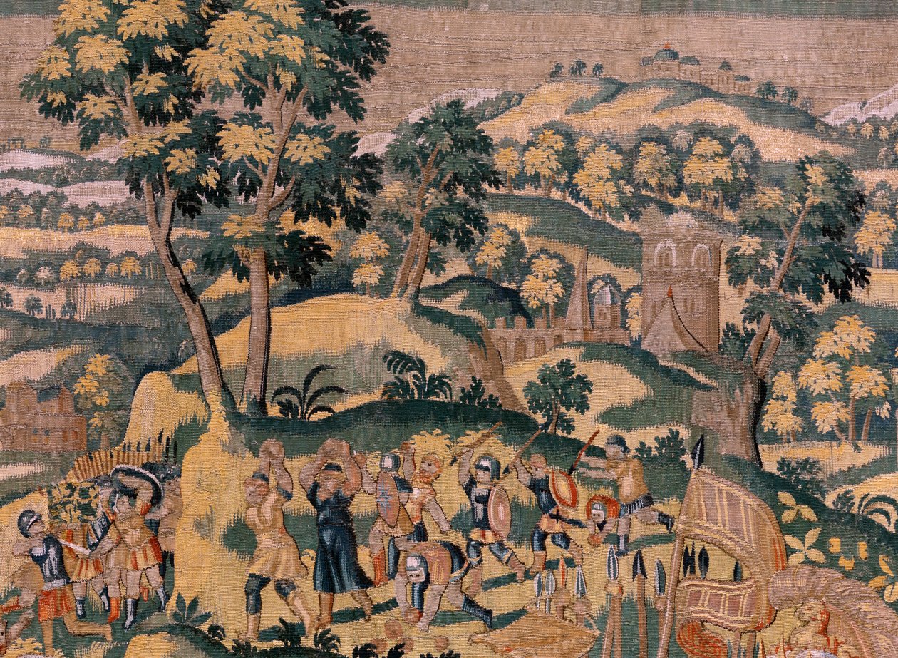 flamsk billedvev. Serien Story of Cyrus. No VI Tomyris beordrer hodet til Cyrus å dyppes i et blodkar (Tomiris manda sumergir la cabeza de Ciro en un recipiente lleno de sangre). Anonym, basert på Michiel Coxcie. Atelier Antwerpen. Silke og woo av Flemish School