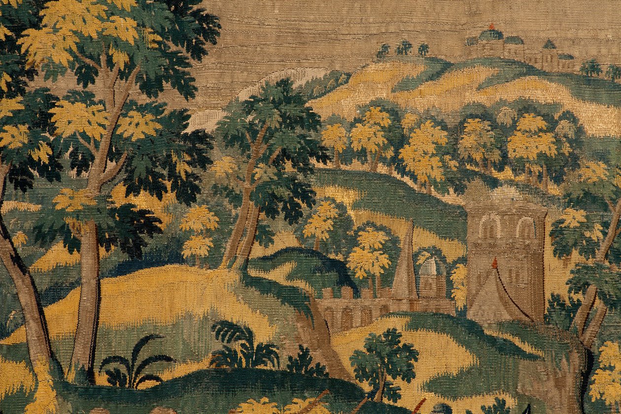 flamsk billedvev. Serien Story of Cyrus. No VI Tomyris beordrer hodet til Cyrus å dyppes i et blodkar (Tomiris manda sumergir la cabeza de Ciro en un recipiente lleno de sangre). Anonym, basert på Michiel Coxcie. Atelier Antwerpen. Silke og woo av Flemish School