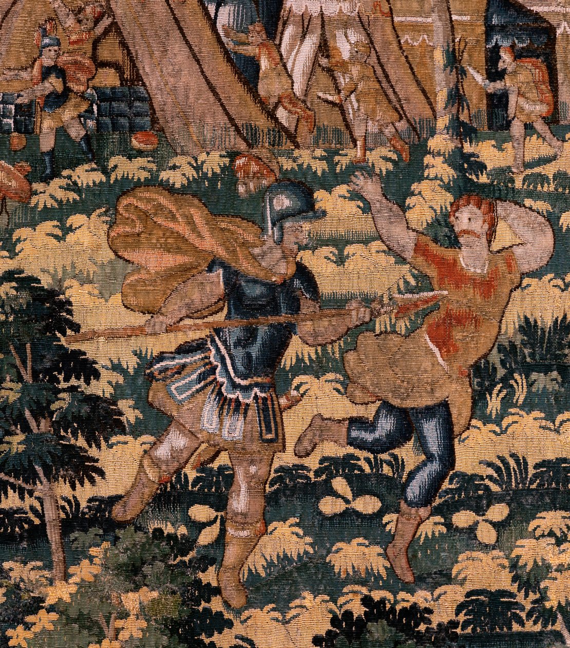 flamsk billedvev. Serien Story of Cyrus. No V Kamp mellom to krigere og Cyrus død (Combate de dos guerreros y muerte de Ciro). Anonym, basert på Michiel Coxcie. Atelier Antwerpen. Silke og ull. Ca 1590. av Flemish School