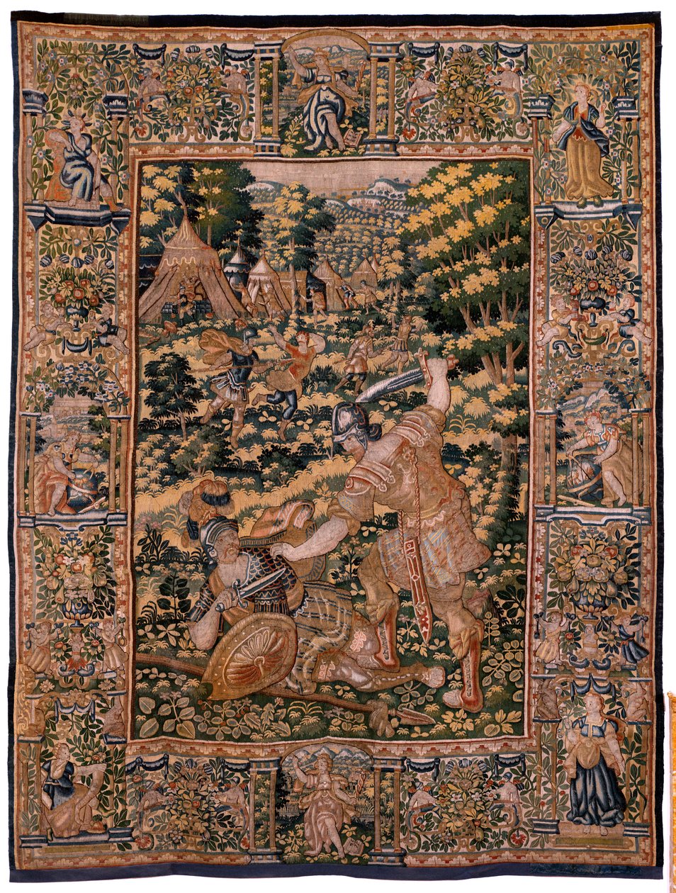 flamsk billedvev. Serien Story of Cyrus. No V Kamp mellom to krigere og Cyrus død (Combate de dos guerreros y muerte de Ciro). Anonym, basert på Michiel Coxcie. Atelier Antwerpen. Silke og ull. Ca 1590. av Flemish School