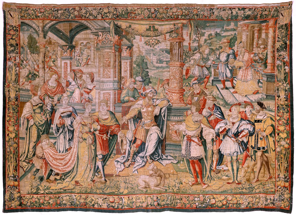 flamsk billedvev. Serien Story of David. David før Saul (David ante Saúl). Modell av Bernard van Orley. Produsere Brussel. Ca1525. Stoff Silke og ull. Størrelse 560 x 410 cm. Plassering Cathedral of Burgos. Opprinnelse Et legat til katedralen i 1535 av Car av Flemish School