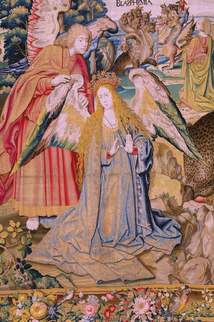 flamsk billedvev. Serien The Apocalypse: Saint Michael beseirer dragen. Atelier Willem Dermoyen, Brussel. Ca 1553-1555. Detalj. av Flemish School