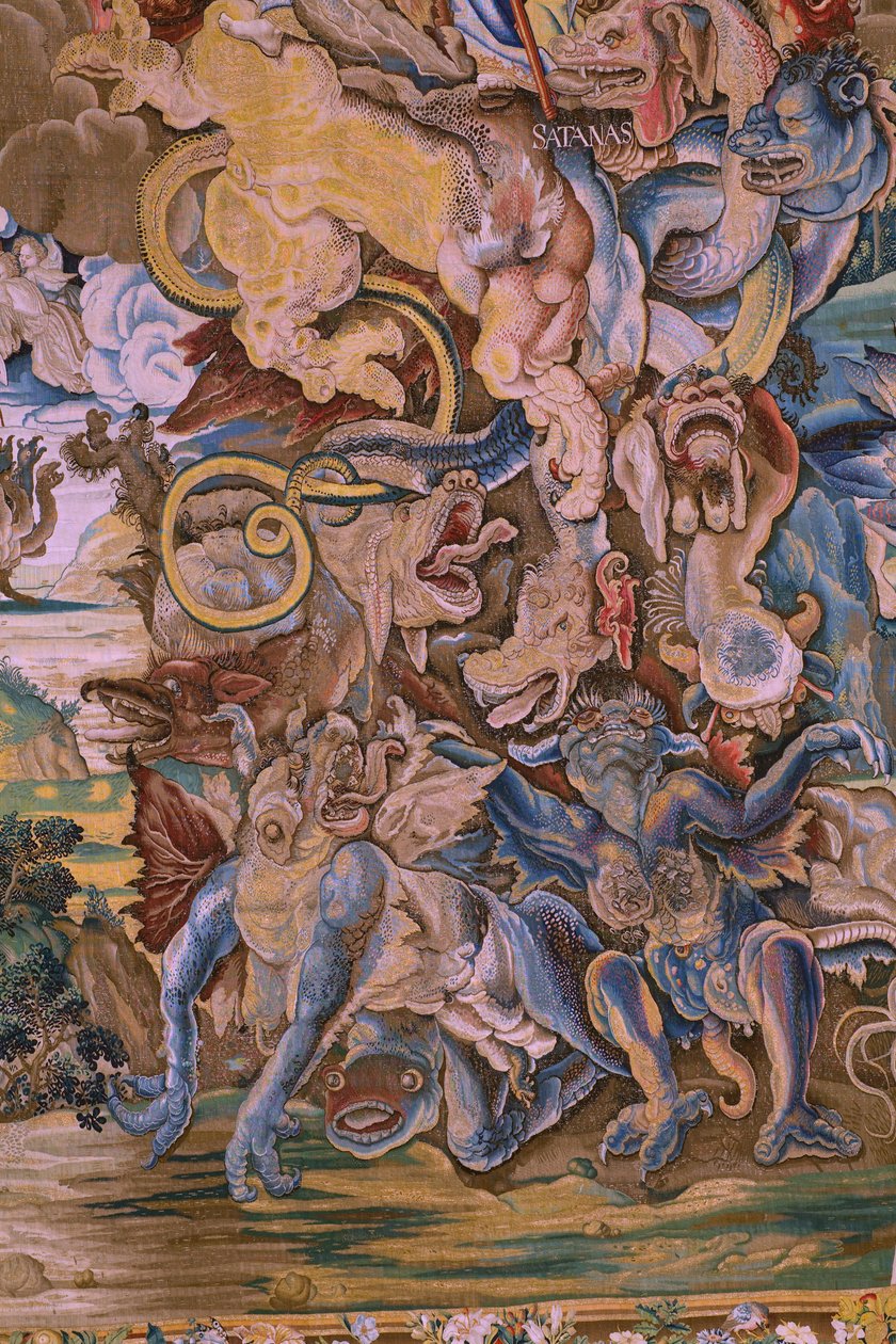 flamsk billedvev. Serien The Apocalypse: Saint Michael beseirer dragen. Atelier Willem Dermoyen, Brussel. Ca 1553-1555. Detalj. av Flemish School
