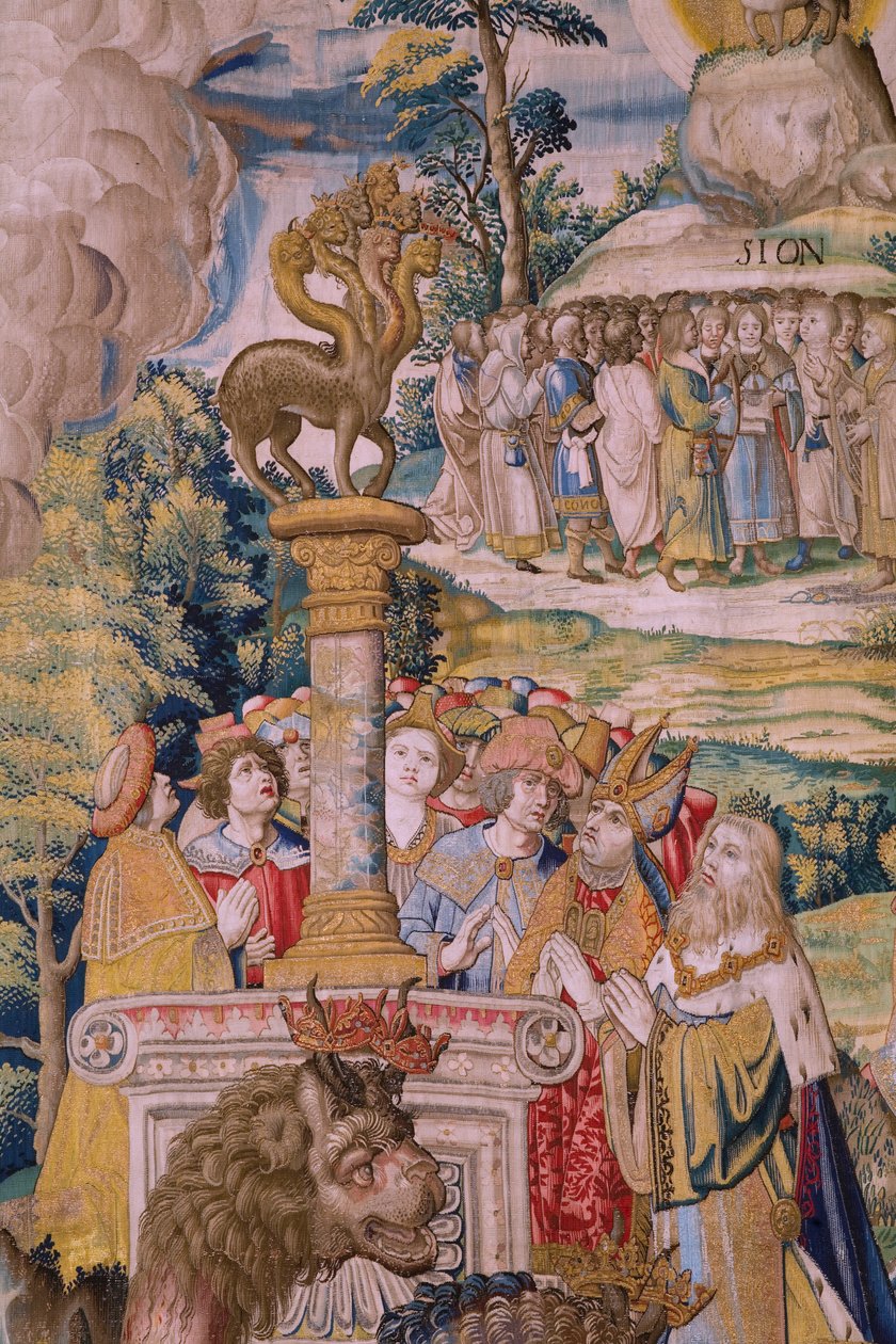 flamsk billedvev. Serien The Apocalypse: Saint Michael beseirer dragen. Atelier Willem Dermoyen, Brussel. Ca 1553-1555. Detalj. av Flemish School