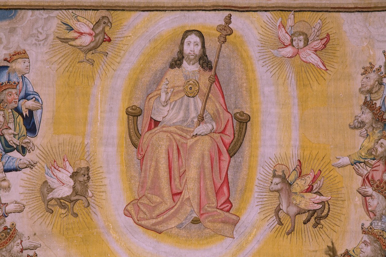 flamsk billedvev. Serien The Apocalypse: Saint Michael beseirer dragen. Atelier Willem Dermoyen, Brussel. Ca 1553-1555. Detalj. av Flemish School