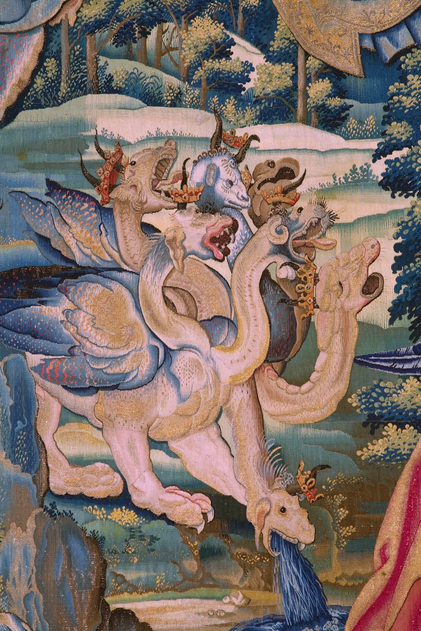 flamsk billedvev. Serien The Apocalypse: Saint Michael beseirer dragen. Atelier Willem Dermoyen, Brussel. Ca 1553-1555. Detalj. av Flemish School